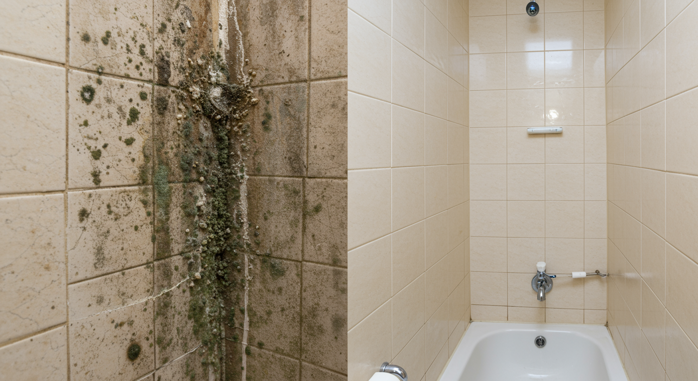 A split-screen image showing a close-up of a mold-infested bathroom wall on the left and the same wall completely clean and restored on the right. The image highlights the effectiveness of professional mold remediation services.