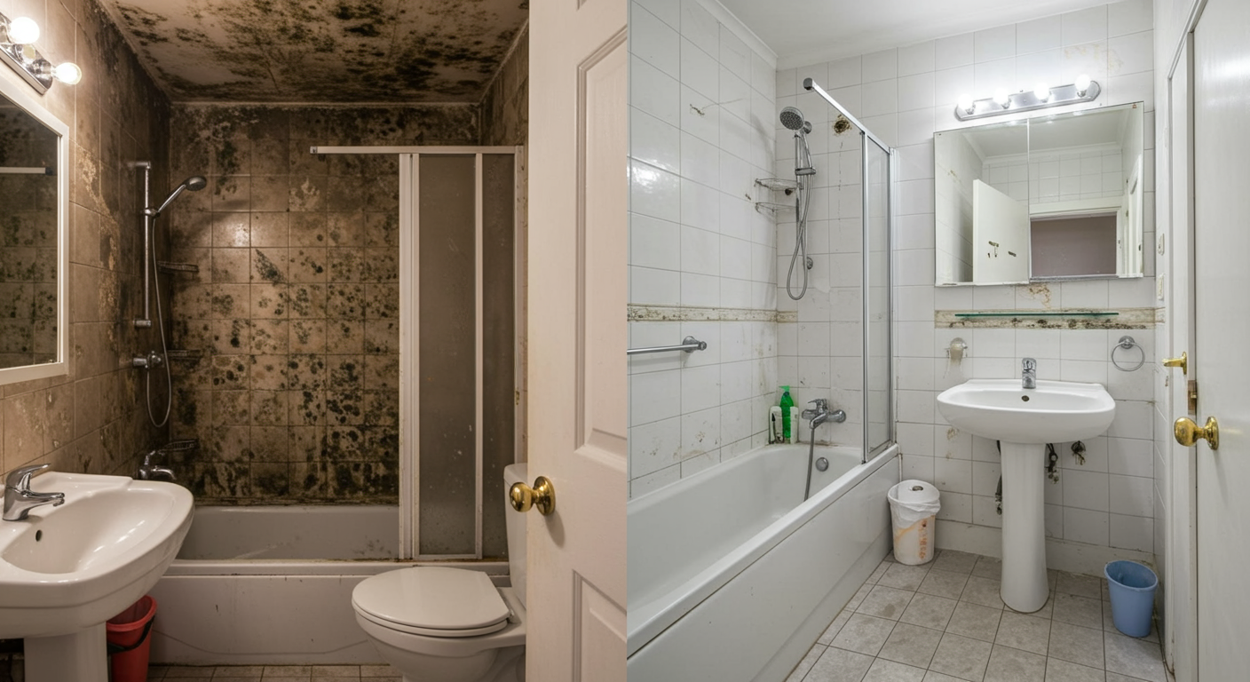 A side-by-side comparison of a mold-infested bathroom (before) and the same bathroom after remediation, clean and mold-free.