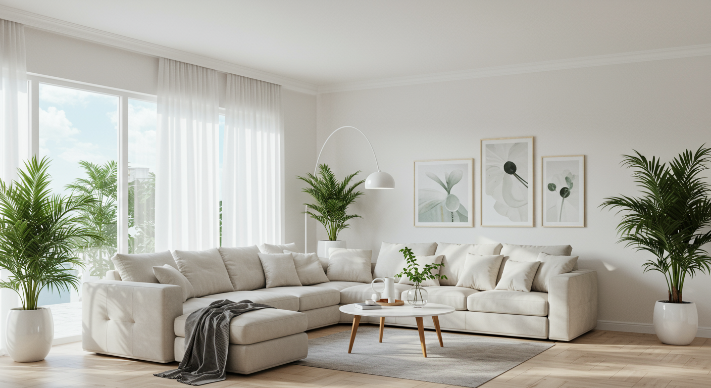 A bright and clean Miami Beach home interior, showcasing a mold-free environment. The image features natural light, modern furniture, and tropical plants, emphasizing a healthy and fresh living space.