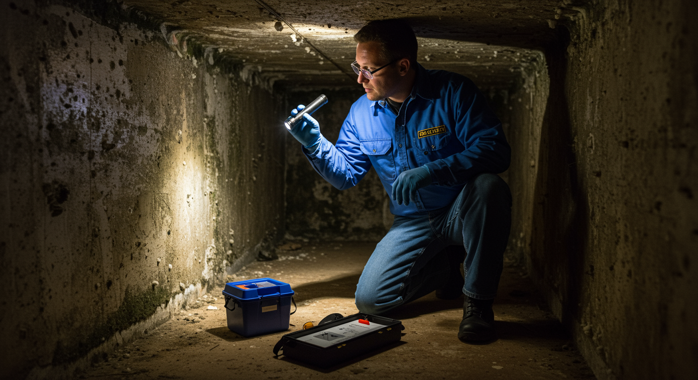 A professional mold inspector kneeling in a dimly lit crawl space, examining the walls and floor for signs of mold growth.