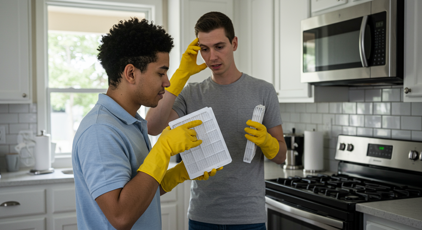 A homeowner performing routine maintenance, such as checking air filters and inspecting for leaks in a bright, airy kitchen. This image conveys proactive steps to ensure a mold-free environment.