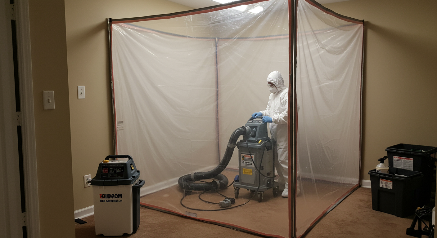 A containment setup for mold removal, featuring plastic sheeting sealing off a room. Inside the containment area, a technician is using advanced equipment like an air scrubber to remove mold spores. The setting reflects a clean and professional approach to mold remediation.