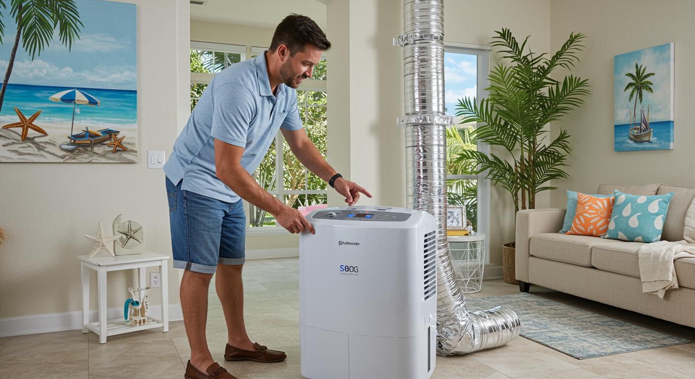 A homeowner in a Miami Beach property is shown inspecting a dehumidifier and ensuring proper ventilation. The background features a clean and mold-free interior with tropical plants and beach-inspired artwork.