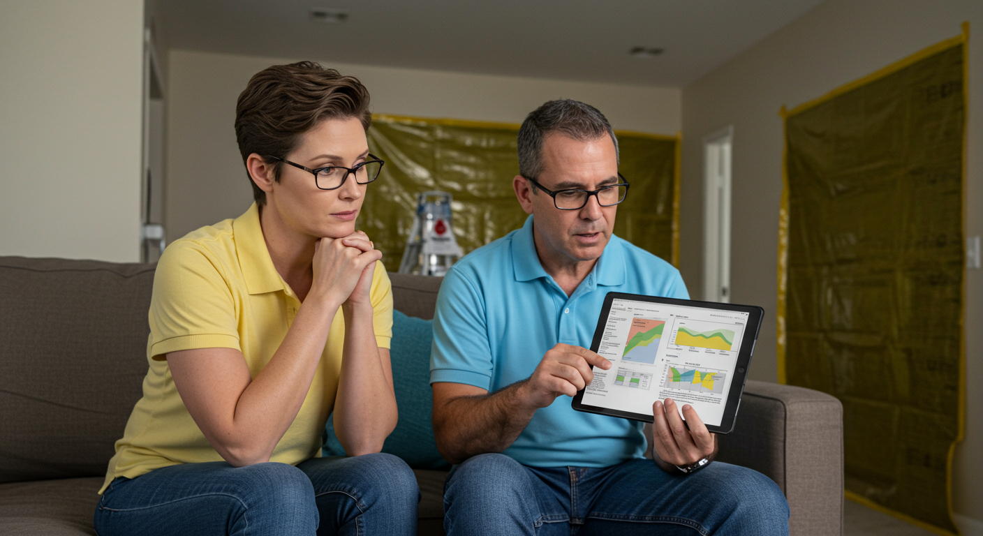 A homeowner consulting with a mold remediation professional in Plantation, FL. The professional is showing a detailed inspection report on a tablet, while the homeowner looks concerned but reassured. The background includes a partially treated area with visible containment barriers.