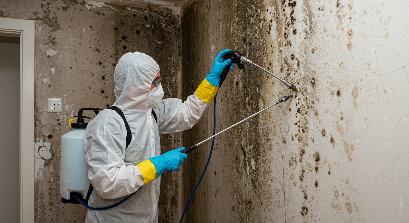 A technician in protective gear applying a mold treatment solution to a damp wall. The image captures the seriousness of mold prevention in water-damaged areas, with visible mold patches on the wall.