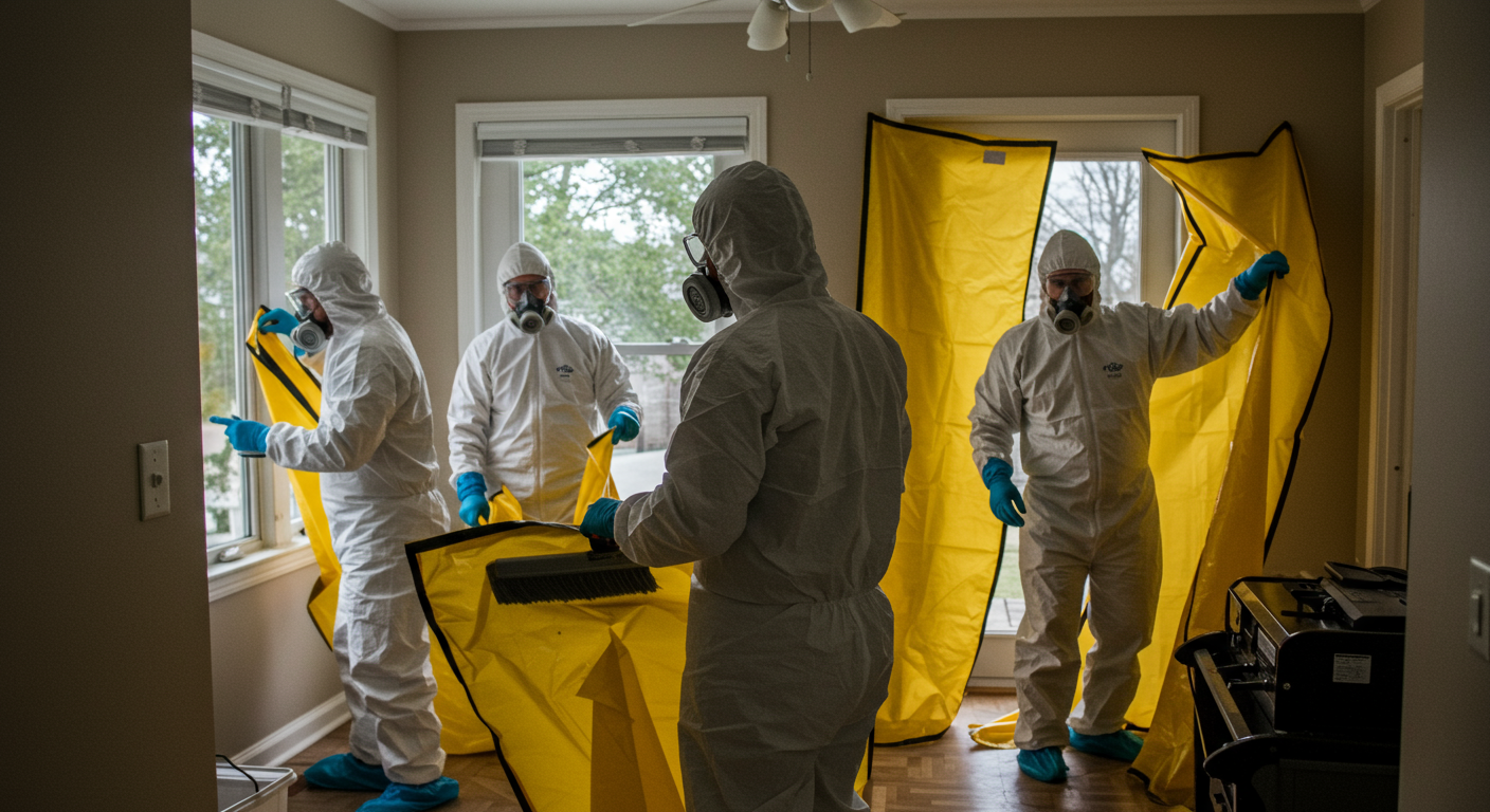 A team of mold remediation experts in full protective suits and masks, actively working in a home. One person is scrubbing a moldy surface, while another is setting up containment barriers.