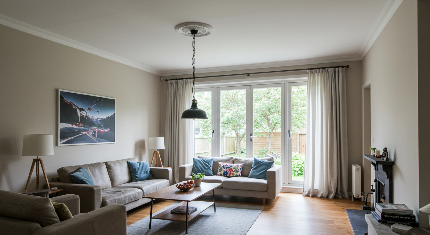 A beautifully renovated living room with a smooth ceiling, stylish lighting fixtures, and modern decor.