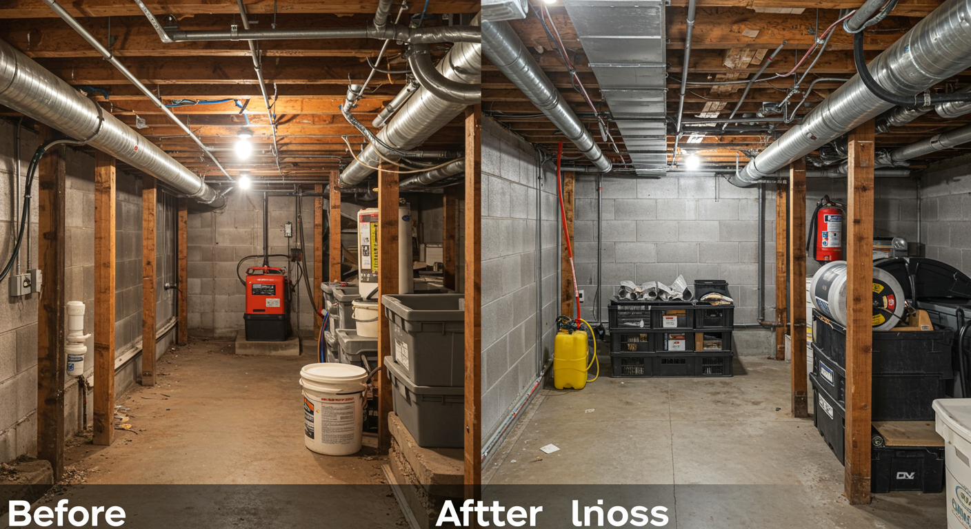 A before-and-after comparison of a crawlspace, highlighting the stark difference between a neglected space and a professionally encapsulated one.