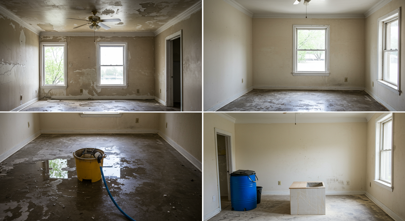 A before-and-after collage of a water-damaged room transformed into a clean, restored space, illustrating the effectiveness of emergency water cleanup services.
