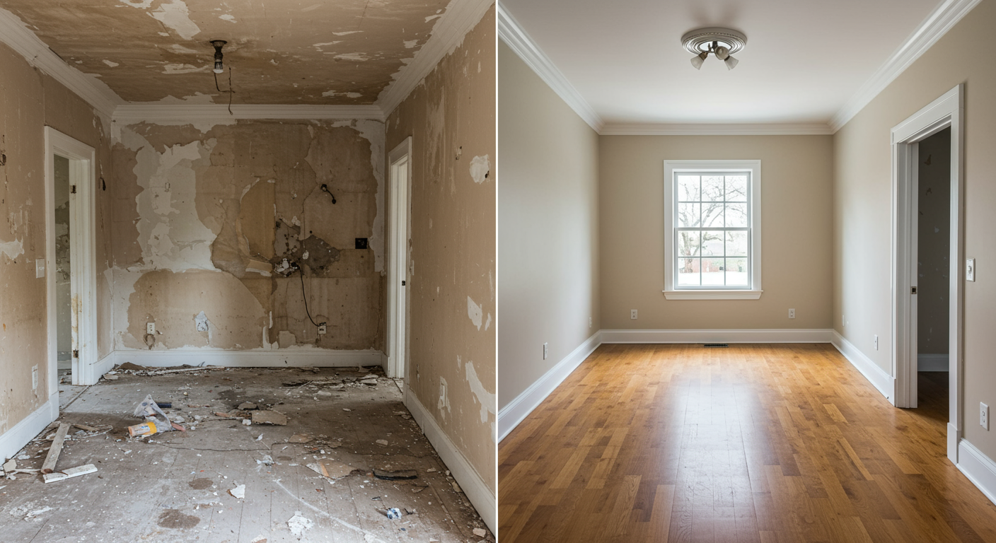 A split image showing a room before and after water damage restoration, highlighting the transformation and effectiveness of the services.