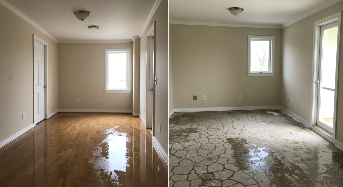 A split image showing a room before and after water extraction, highlighting the transformation from a flooded space to a clean, dry area.