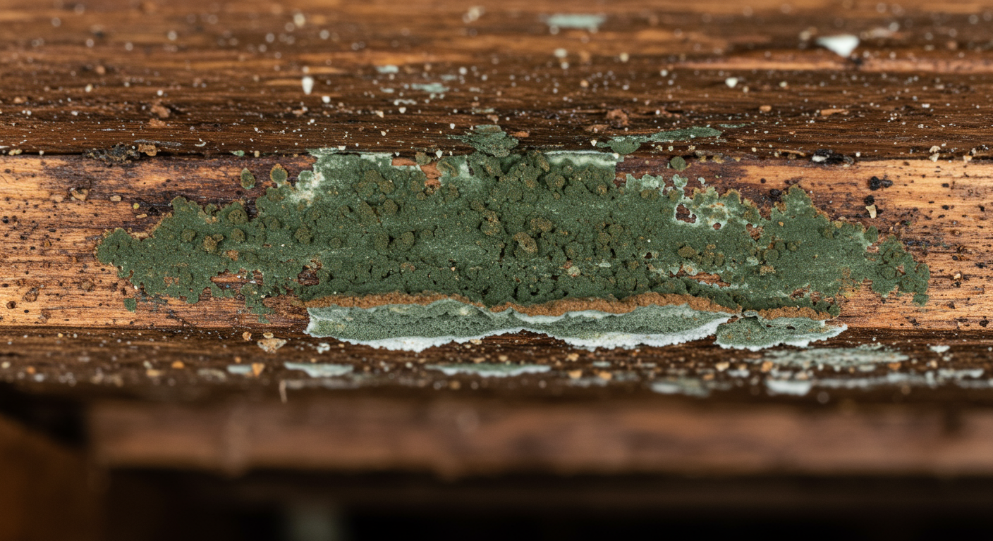 A close-up shot of mold growing on wooden beams in a crawl space, showcasing the texture and color variations of the mold.