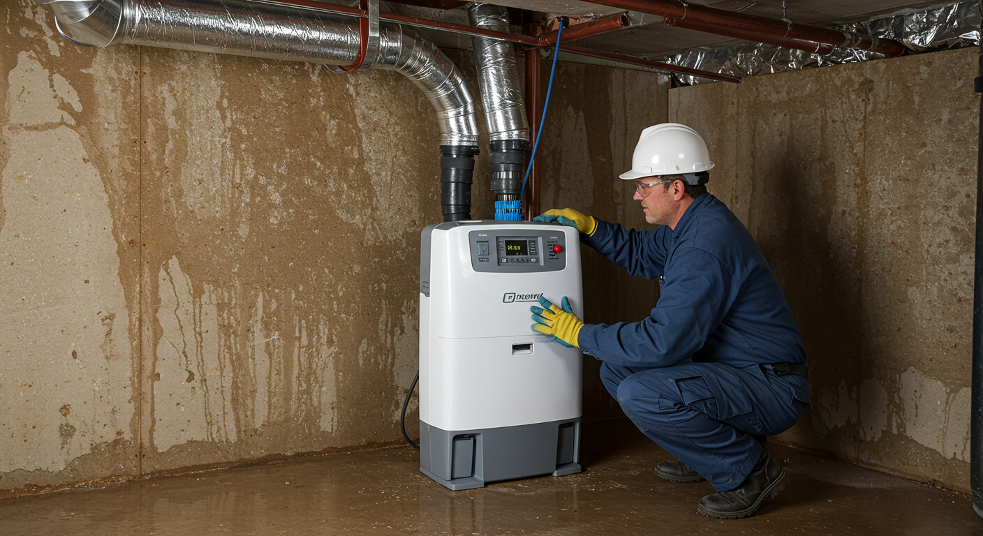 A technician installing a dehumidifier in a crawl space, with visible moisture on the walls.