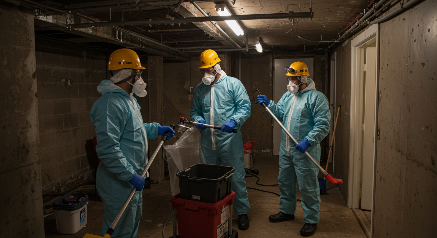 A team of mold remediation specialists in action, wearing protective gear, actively removing mold from a basement. Tools and equipment are visible, showcasing urgency.