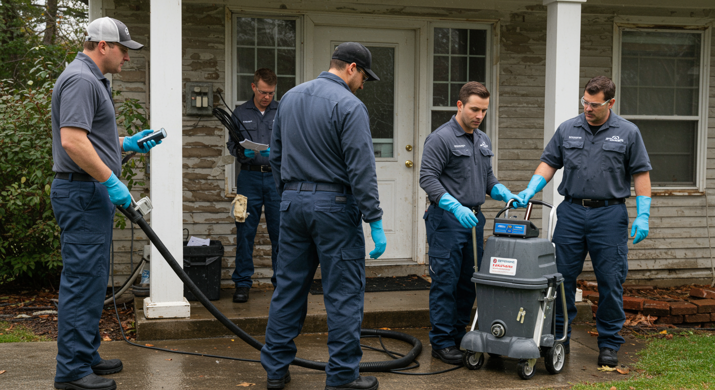A team of restoration professionals in uniforms actively working on a water-damaged home. One technician is using a water extraction machine while another assesses the damage with a moisture meter.
