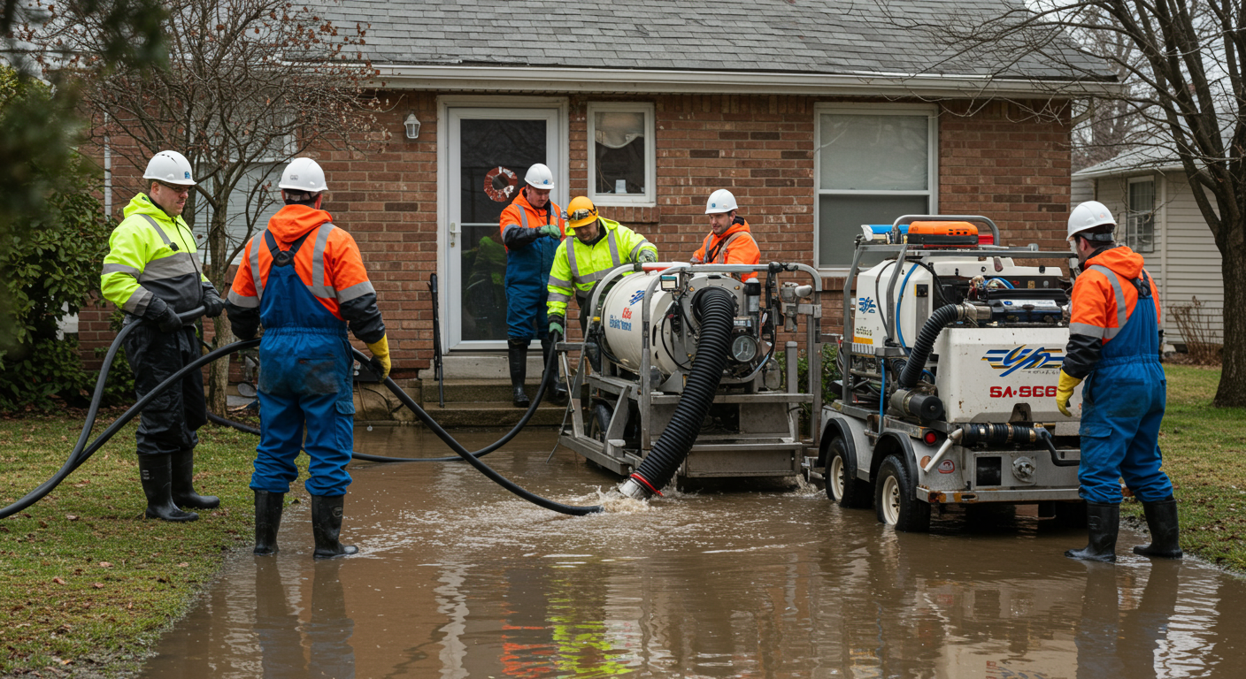 A team of professionals in safety gear actively working on a flooded residential property, using equipment to extract water.
