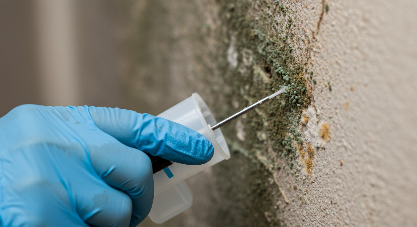 A close-up of mold growth on a wall, with a technician applying a mold remediation solution.