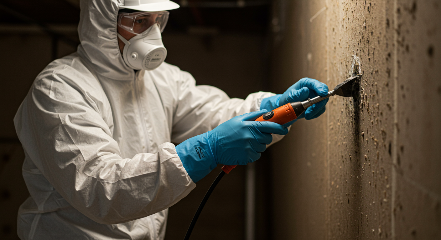 A close-up of a restoration technician in protective gear working on mold remediation in a basement. The focus is on the technician's hands as they carefully remove mold from a wall.