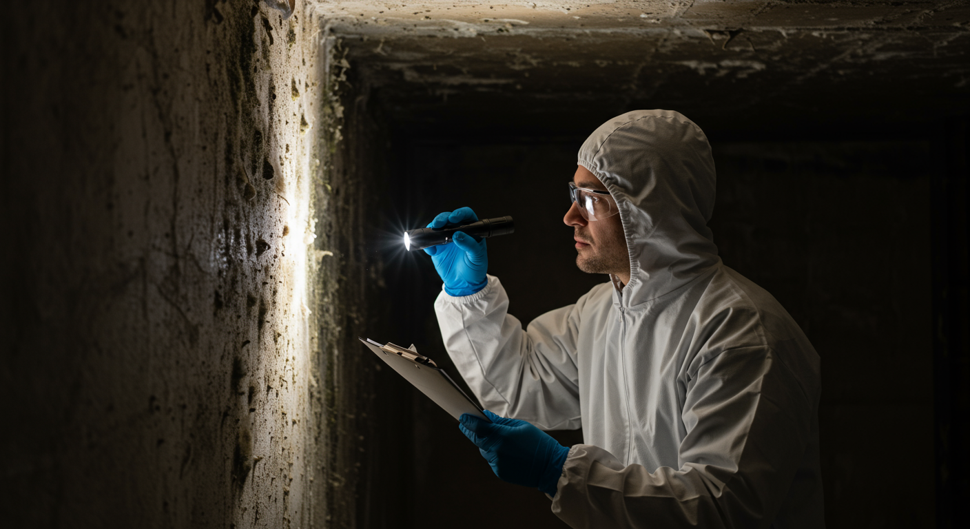 A professional mold inspector examining a wall with visible mold growth, using a flashlight and testing equipment.