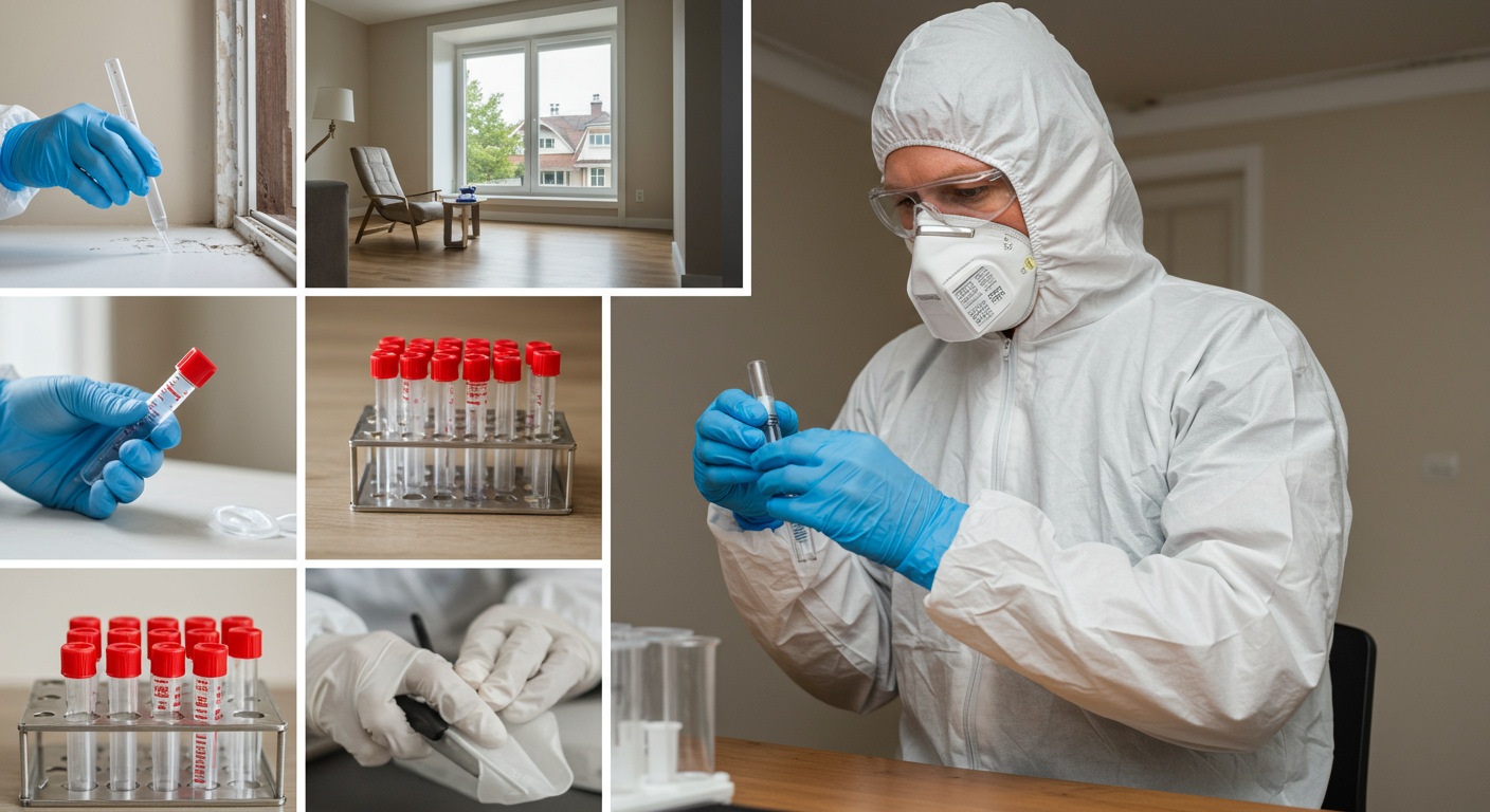 A visual representation of the mold inspection process, showing an inspector taking samples from various areas in a home, with a focus on safety gear like gloves and masks.