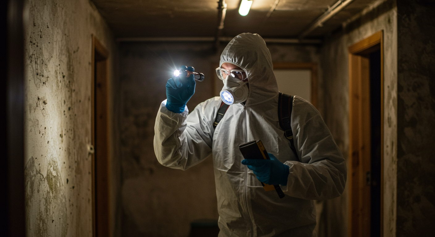 A professional technician in protective gear inspecting a home for mold, using a flashlight and tools. The background shows a dimly lit basement with visible mold patches on the walls.