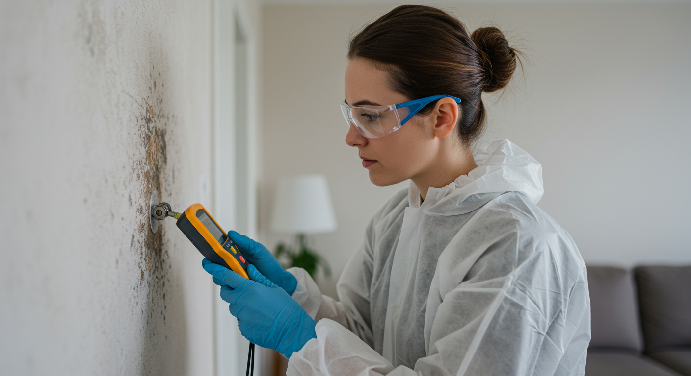 A professional mold inspector examining a wall with a moisture meter, showcasing the detection of mold in a residential setting.