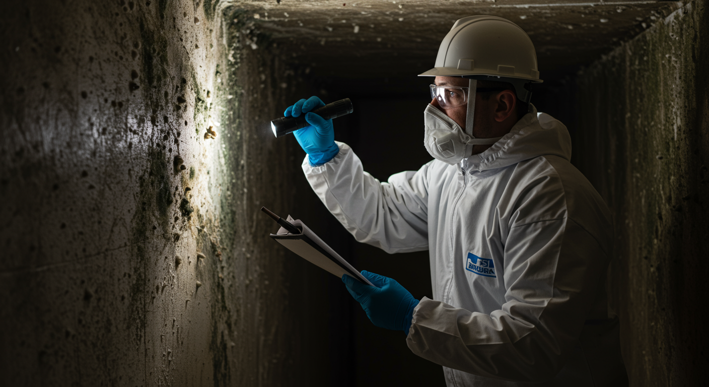 A professional mold inspector examining a wall with visible mold growth, using a flashlight and tools.