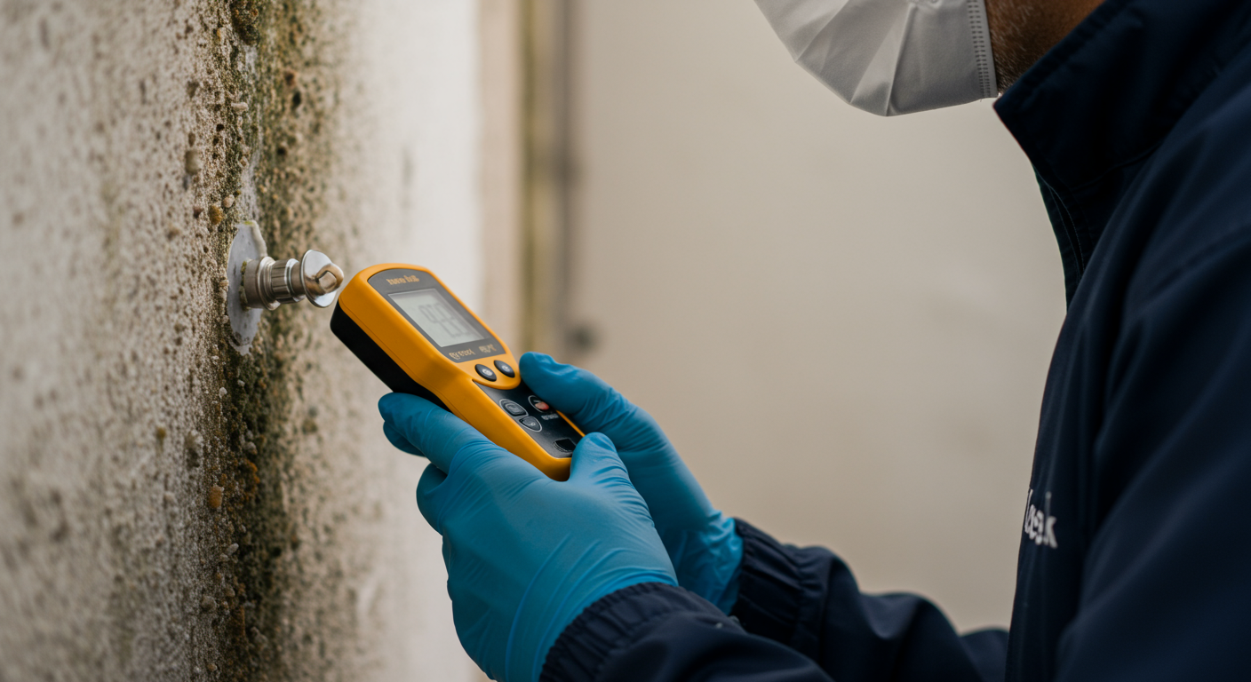 A close-up of a professional mold inspector examining a wall with a moisture meter, highlighting visible mold growth. The inspector is wearing protective gear, emphasizing safety during the inspection.