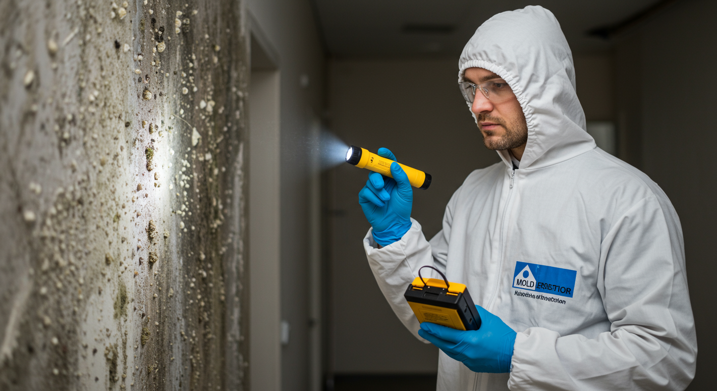 A professional mold inspector examining a commercial space with a flashlight and mold testing kit. The background shows visible mold patches on walls, highlighting the need for immediate action.