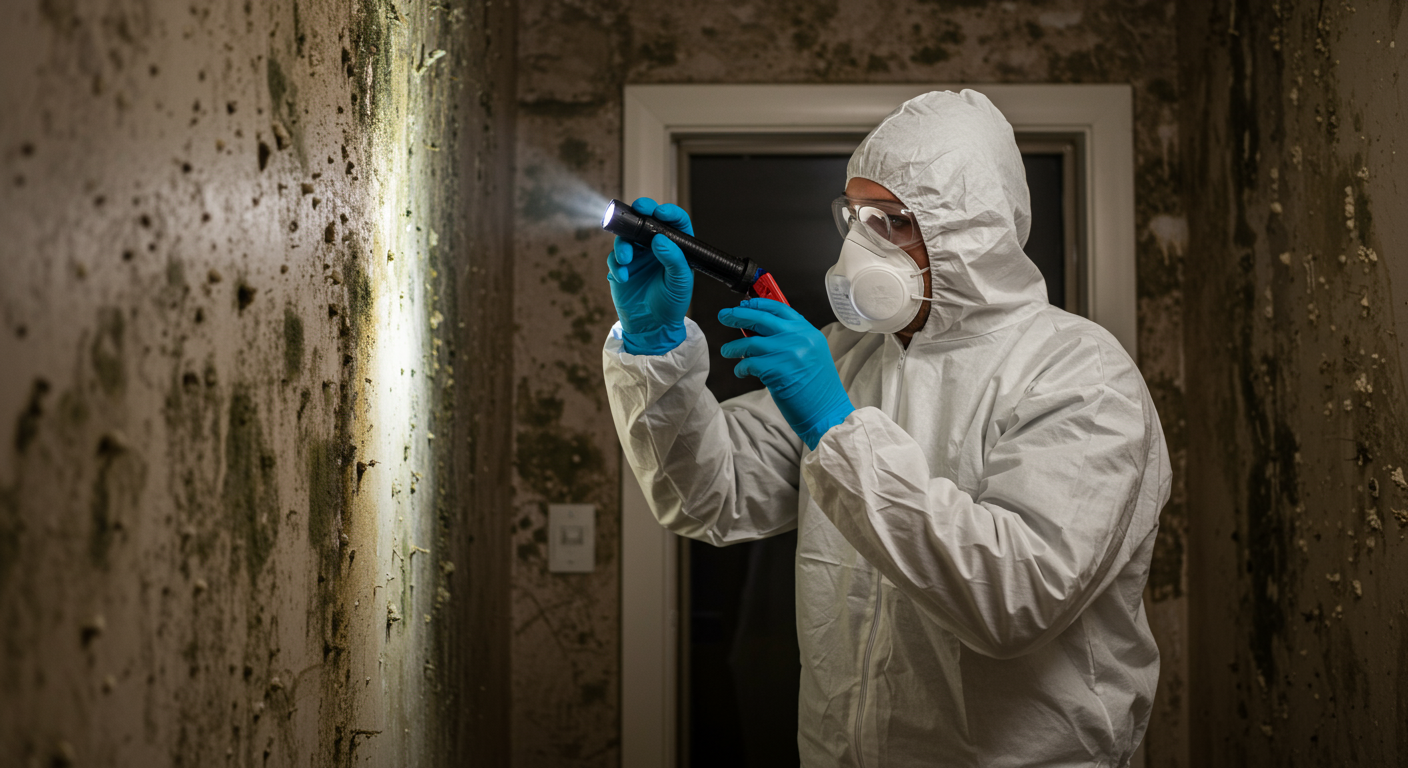 A professional mold remediation technician inspecting a residential property for mold growth. The technician is using a flashlight and wearing protective gear, with visible mold patches on the walls.