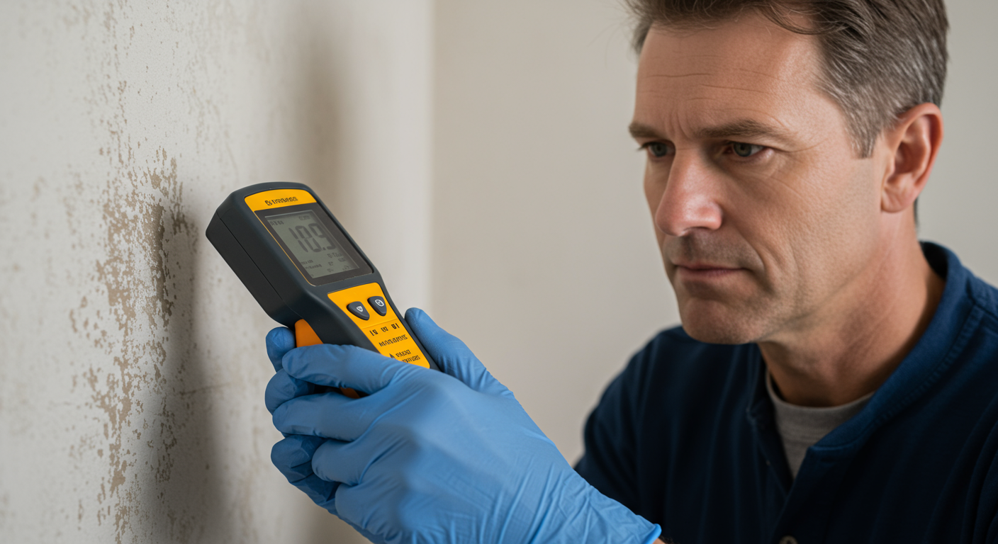 A close-up of a professional mold inspector examining a wall with a moisture meter, highlighting the inspection process.