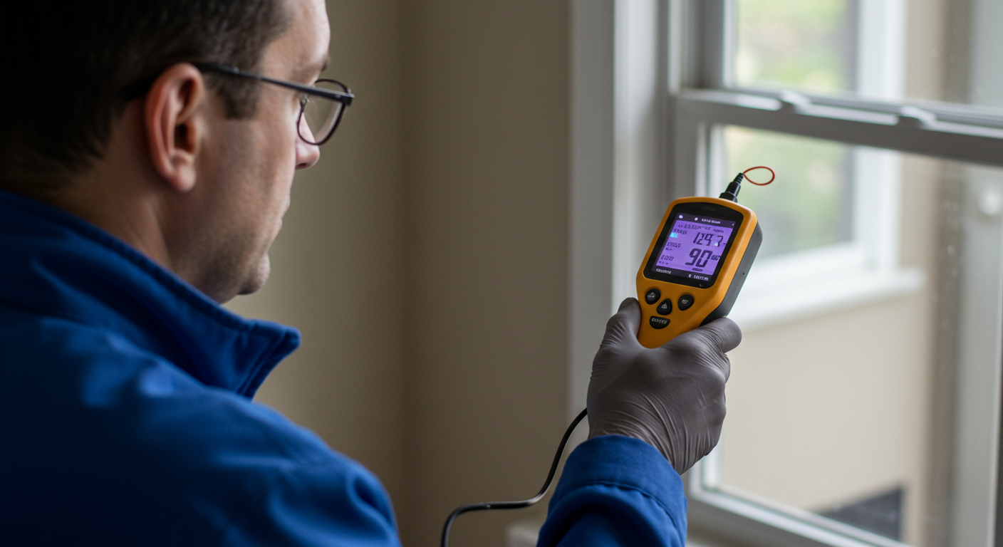 A professional mold inspector using advanced tools, such as a moisture meter and infrared camera, to assess a residential property. The inspector is focused and methodical, showcasing the thoroughness of the inspection process.
