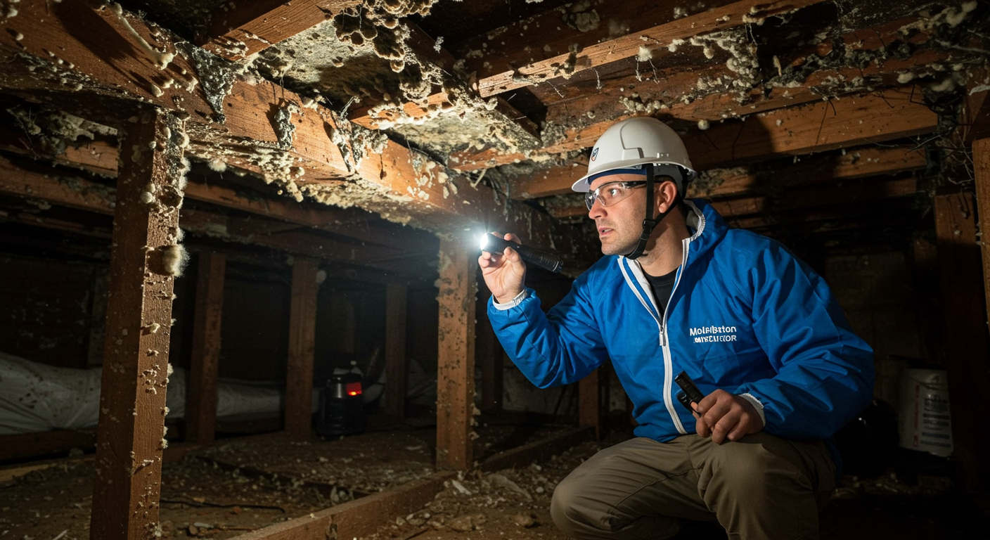 A professional mold inspector examining a crawl space with a flashlight, showcasing mold growth on wooden beams. The inspector is wearing safety gear, emphasizing the importance of safety during inspections.