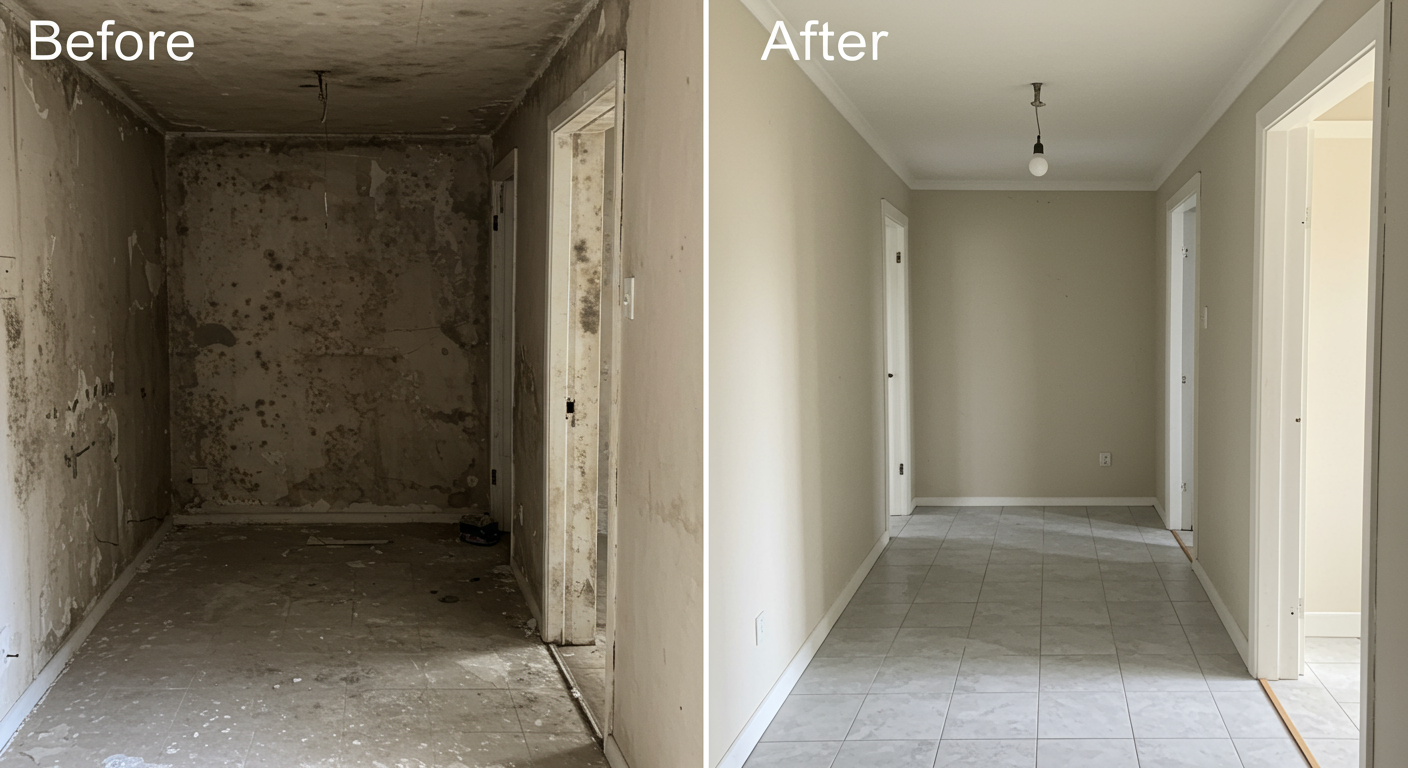 A before-and-after image showing a mold-infested area transformed into a clean, mold-free space after remediation.