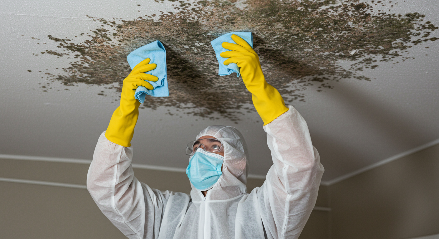 A professional wearing protective gear actively removing mold from a ceiling, using a spray solution and a cloth, demonstrating the mold remediation process.
