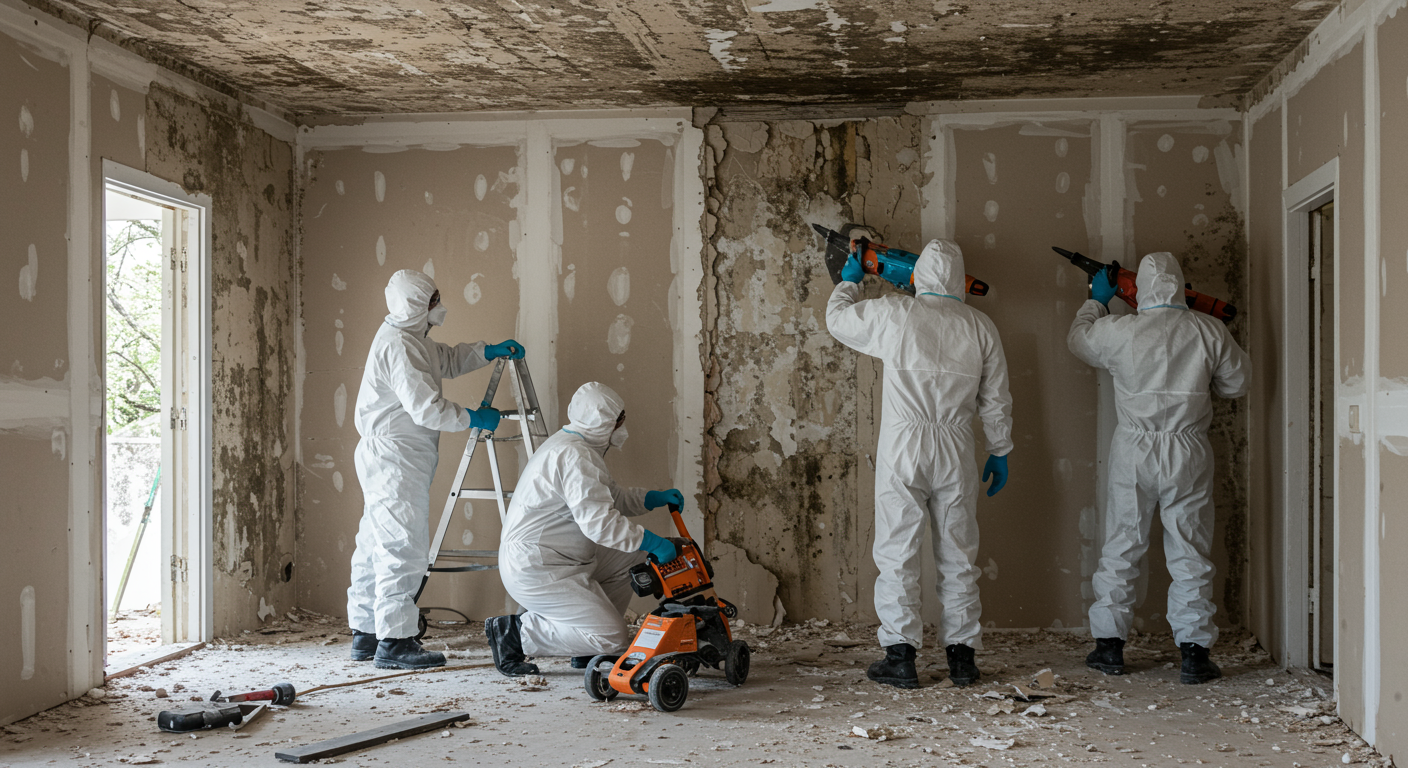 A team of professionals in protective suits is actively removing mold-infested drywall.