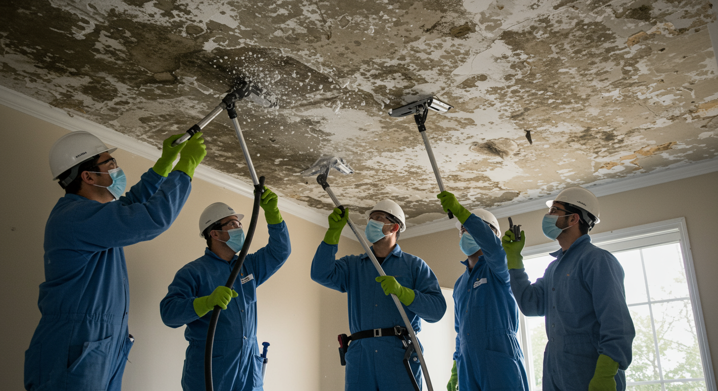A team of mold removal specialists in action, using advanced equipment to remove mold from a ceiling. The image captures the teamwork and professionalism of the crew, with mold spores visibly being extracted.