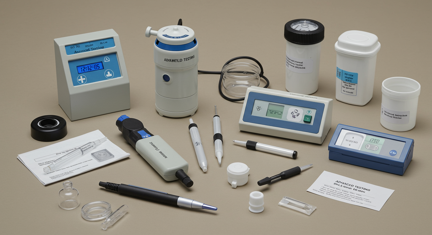 A collection of advanced mold testing equipment laid out on a table, with a focus on the tools used for air and surface sampling.