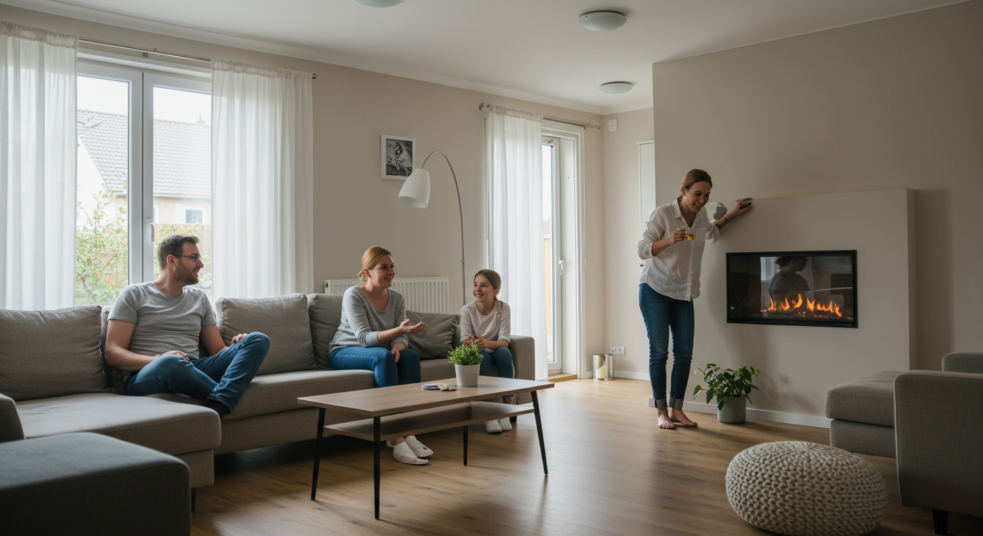 A serene, safe home environment post-abatement with a family enjoying their living space, symbolizing the peace of mind that comes from professional asbestos removal.