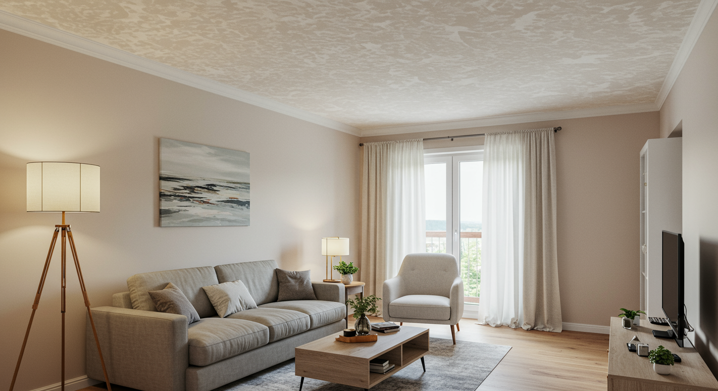 A serene interior space with a focus on the ceiling, highlighting its smooth finish after bubble ceiling removal. The room is tastefully decorated, conveying a sense of comfort and modernity.