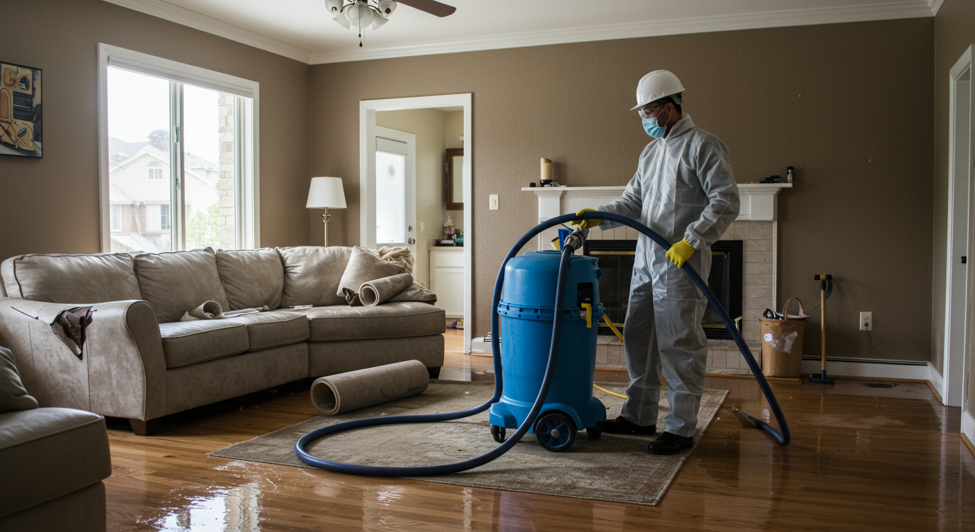 A professional restoration technician in action, using advanced equipment to extract water from a flooded living room. The room shows signs of water damage, with wet carpets and furniture being carefully moved.
