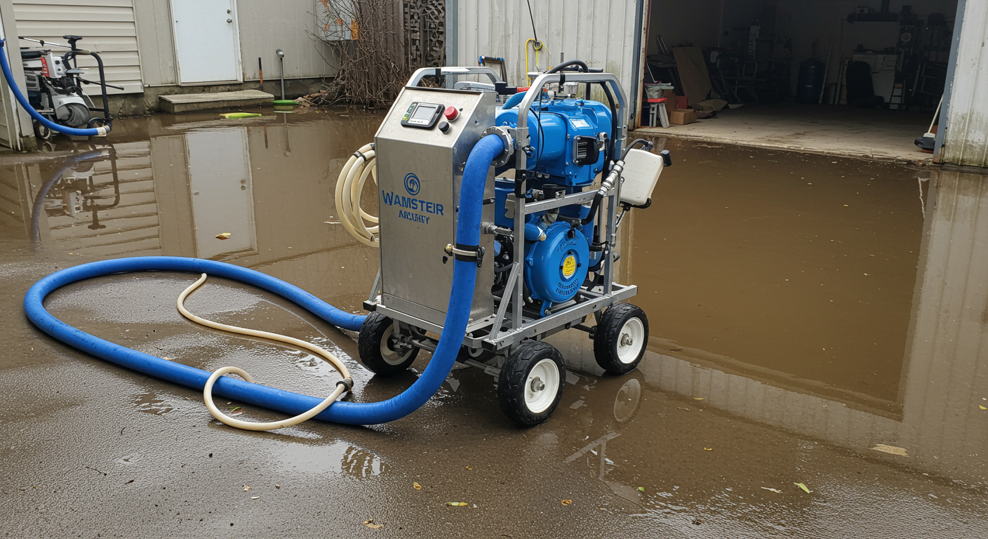 A high-quality image of advanced water extraction equipment set up in a flooded area, emphasizing the technology used in water damage remediation.
