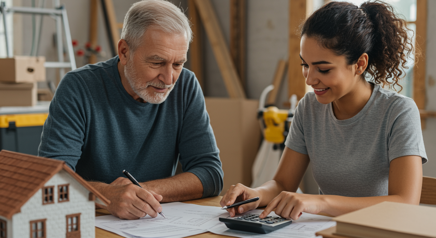 A visual representation of a homeowner reviewing restoration estimates with a contractor, with documents and a calculator on the table.