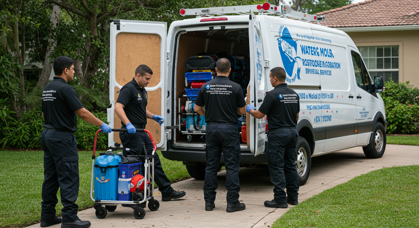A dynamic image of a team of restoration professionals loading equipment into a van labeled for water and mold restoration services. The setting is outside a residential home in Miramar, showcasing readiness to respond to emergencies.
