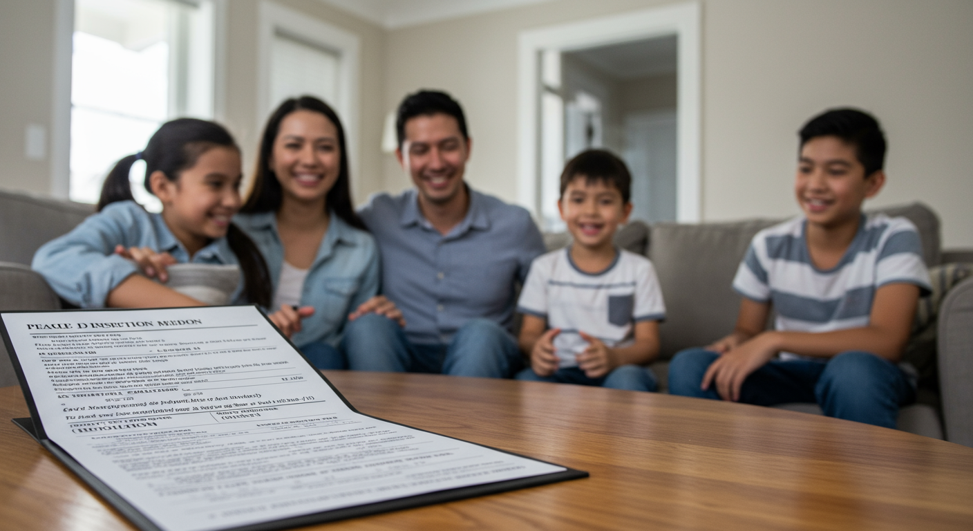 A family happily interacting in a clean and safe living room, with a visible mold inspection report on a table, symbolizing peace of mind after remediation.