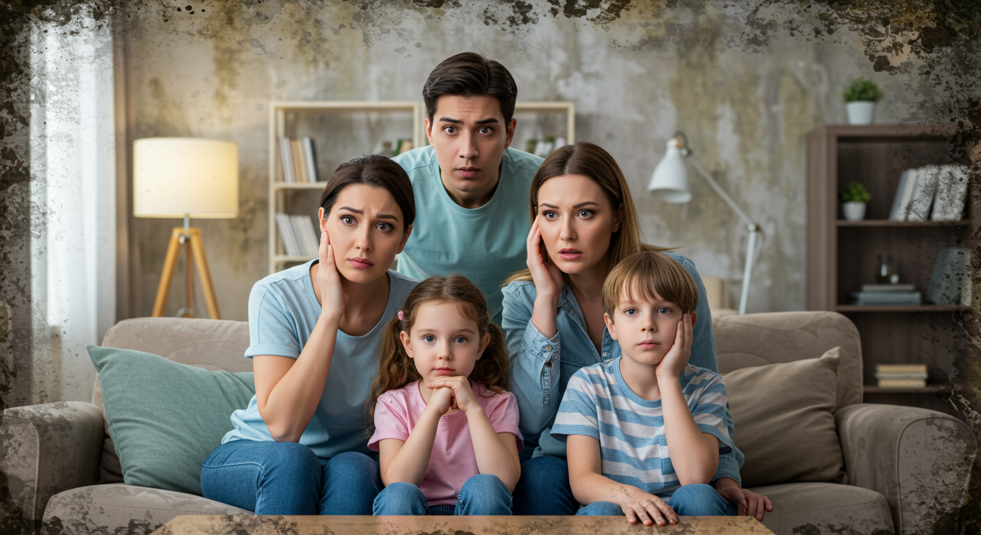 A concerned family in a living room, looking at a moldy wall with worried expressions. The setting conveys the emotional impact of mold exposure on health and safety.
