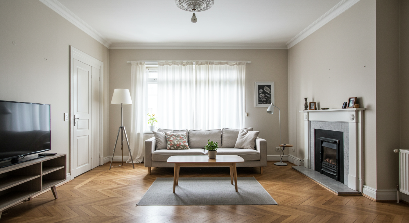 A bright and inviting living room that has been restored after mold removal. The space looks clean and fresh, with natural light streaming in, conveying a sense of safety and comfort.