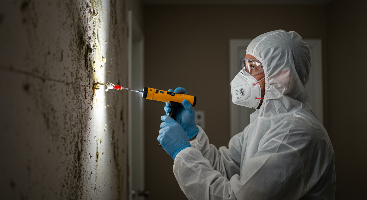 A certified mold inspector examining a wall for mold growth using a flashlight and moisture meter.