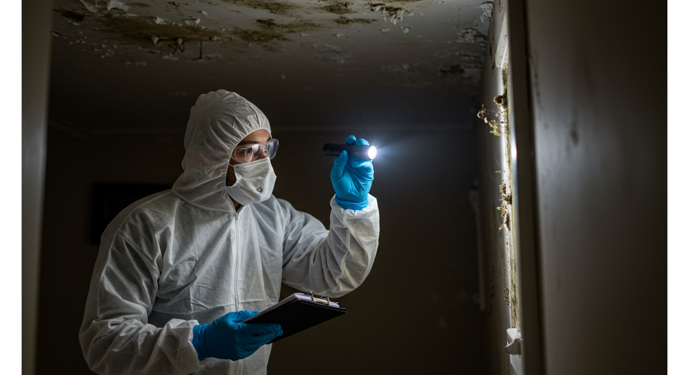 A professional mold remediation technician in protective gear inspecting a residential home for mold growth.