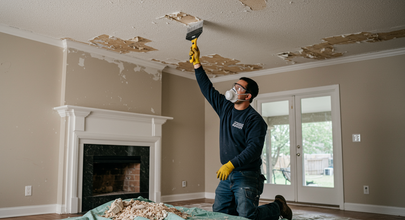 A professional contractor carefully scraping off a popcorn ceiling in a living room, with a drop cloth on the floor to catch debris. The contractor is wearing safety goggles and a mask, emphasizing safety during the removal process.
